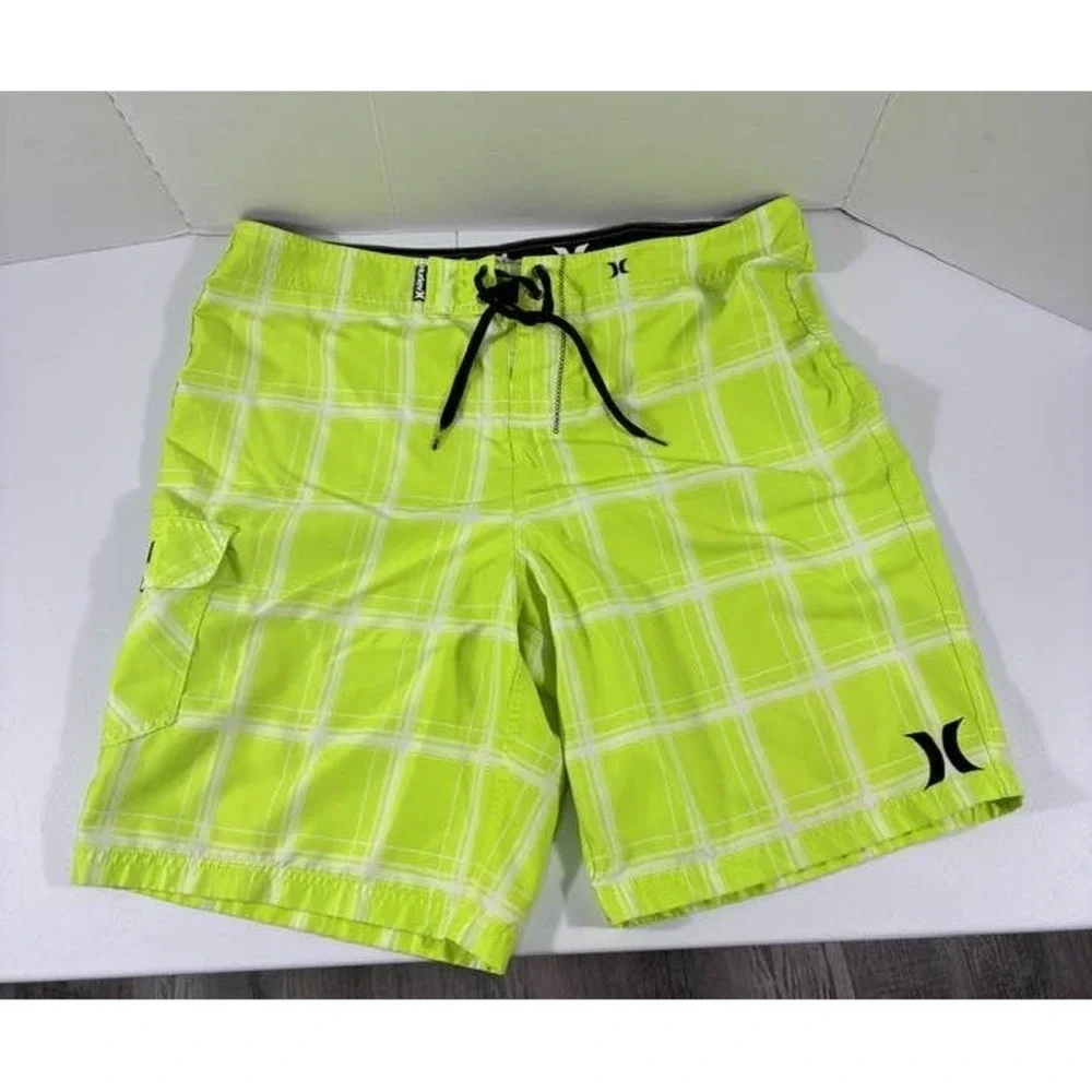 Hurley Board Shorts Mens 38 Neon Green Plaid Surf Swim Y2K Beach Skater Surfcore